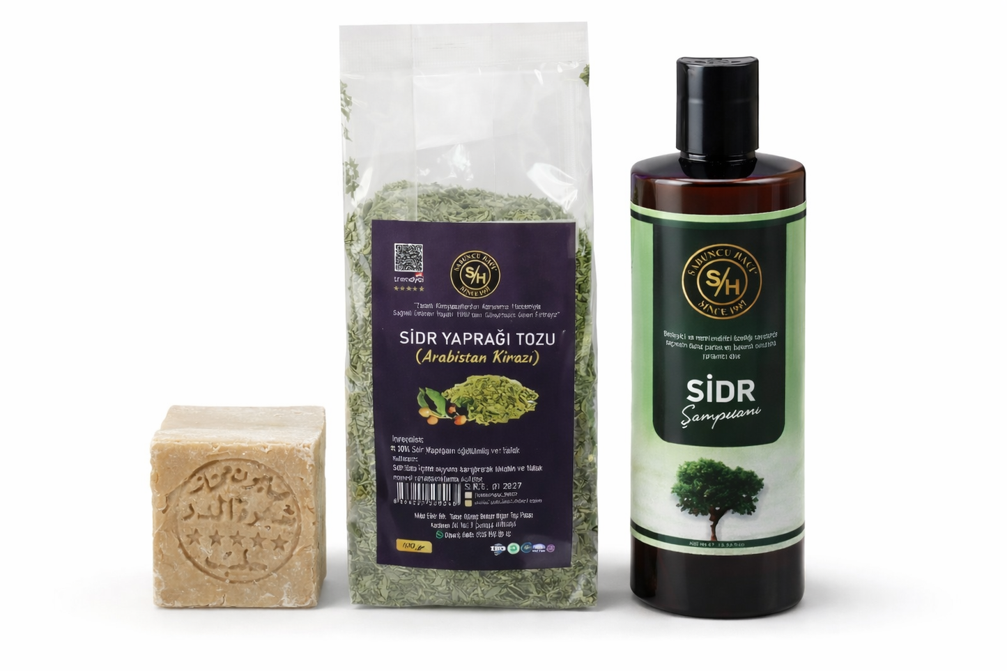 Doğal Bakım 3’lü Set: Halep Sabunu + Sidr Şampuanı + Sidr Yaprağı Tozu