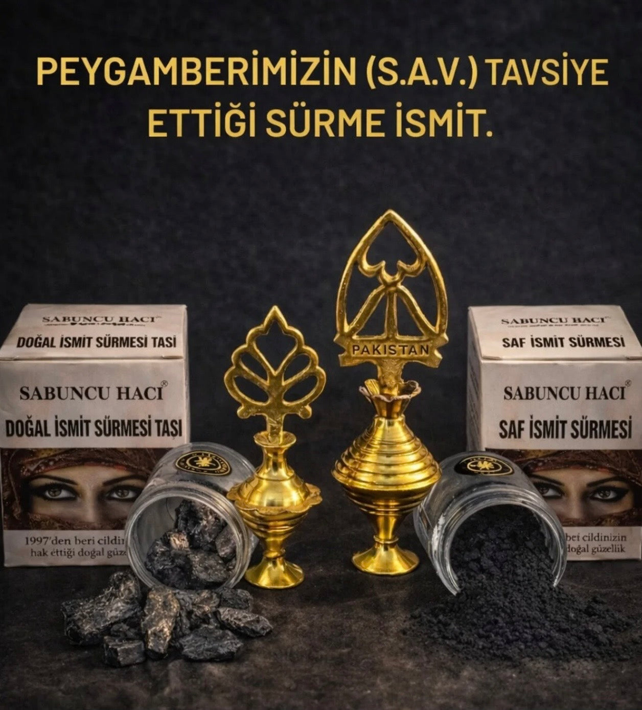 %100 Saf ismit sürme tozu 30 gr + ismit sürme taşı 100 gr + 2 adet Pirinç sürmedanlık 4 lü set