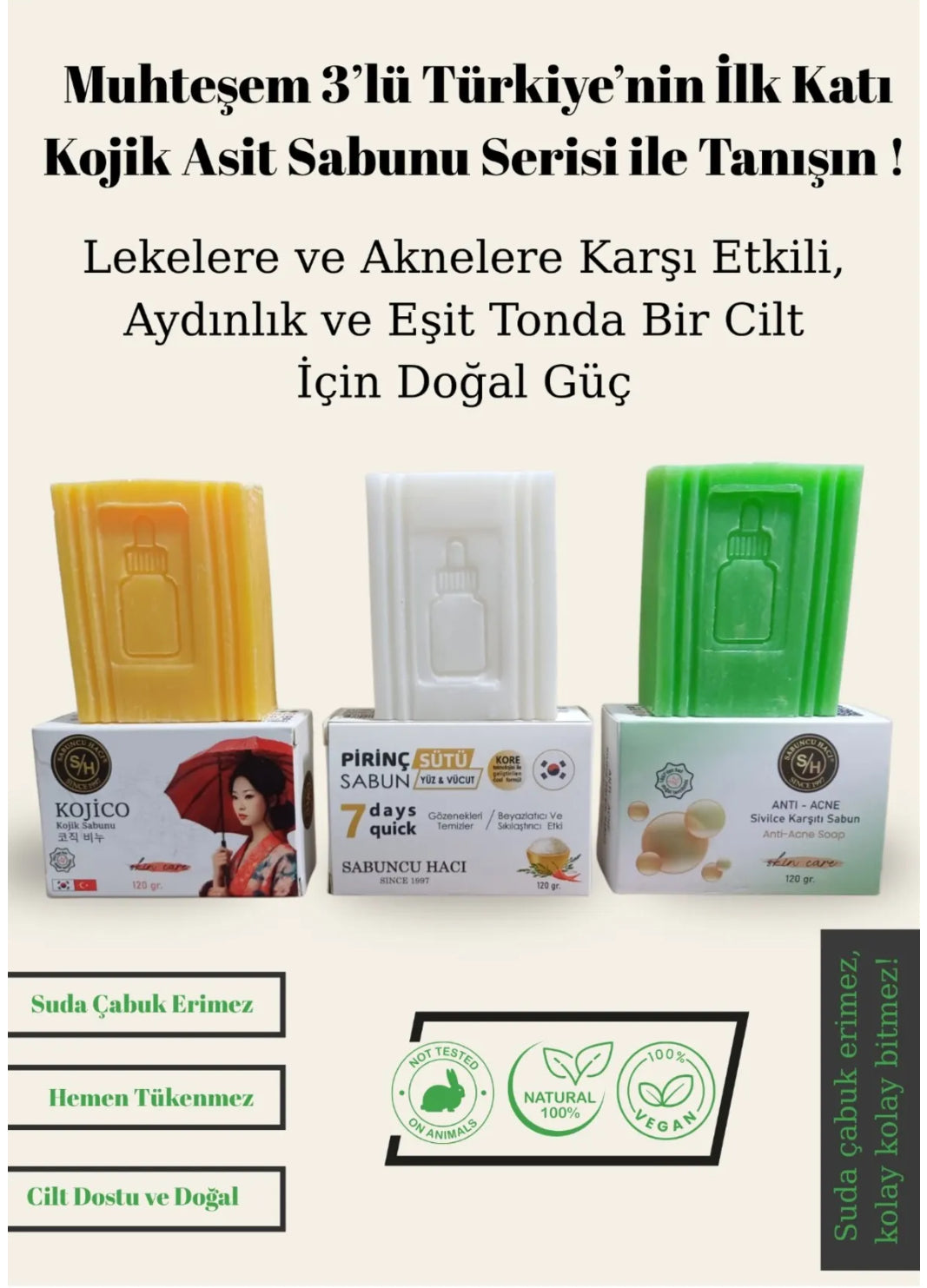 Acne sabunu 3x acne serum & pirinç sütü sabunu kojic asit sabunu zerdeçal ve kojik 3 adet
