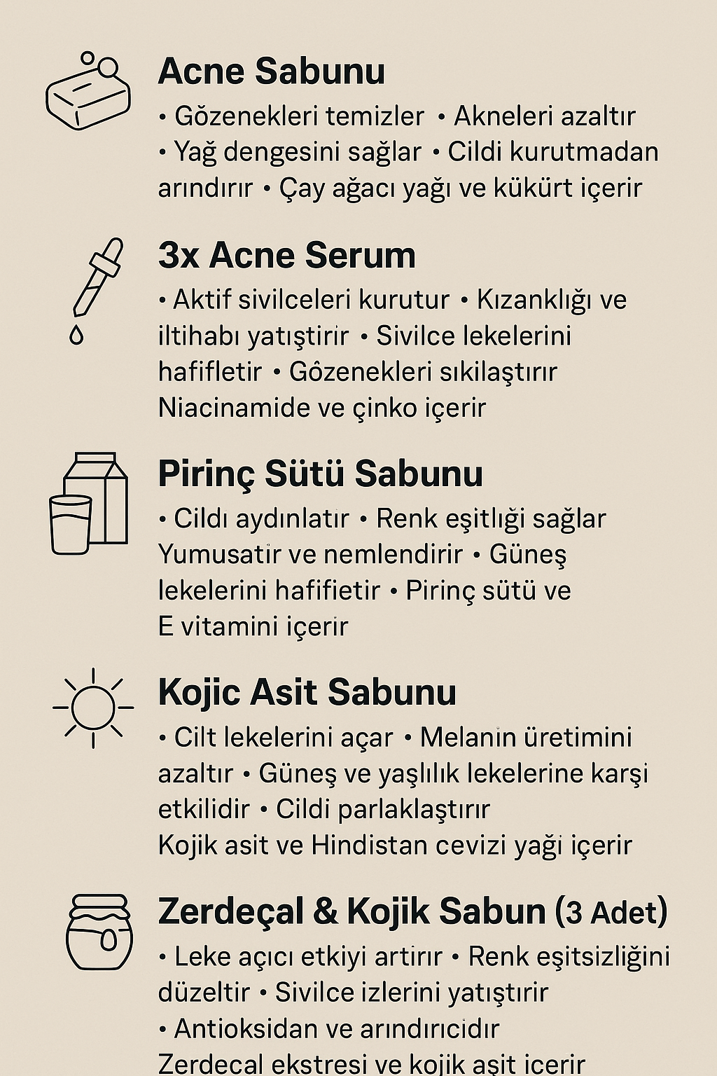 Acne sabunu 3x acne serum & pirinç sütü sabunu kojic asit sabunu zerdeçal ve kojik 3 adet